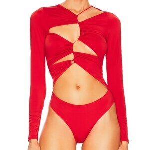 AFRM Red Cutout Ruched Long Sleeve Bodysuit | Statement Party Top | Size XS